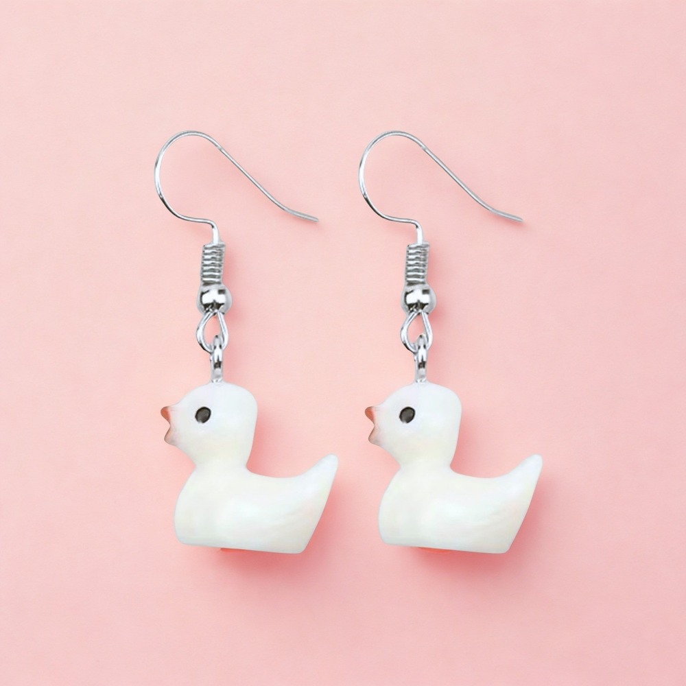 New Rubber Duck Earrings White Dangle Kitsch Novelty Whimsical Duck Jewelry Gift